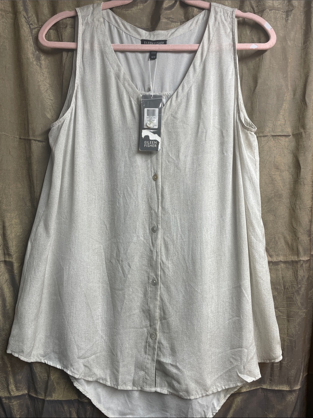 Eileen Fisher Silver/CreamTone V-Neck Button Front Sleeveless Camisole NWT Med